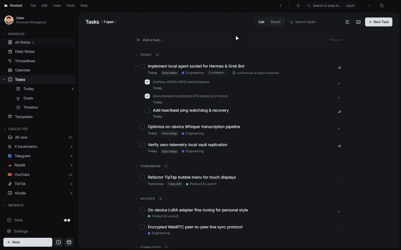 Nowted Tasks Dual Viewing Modes — List and Kanban Board Switch