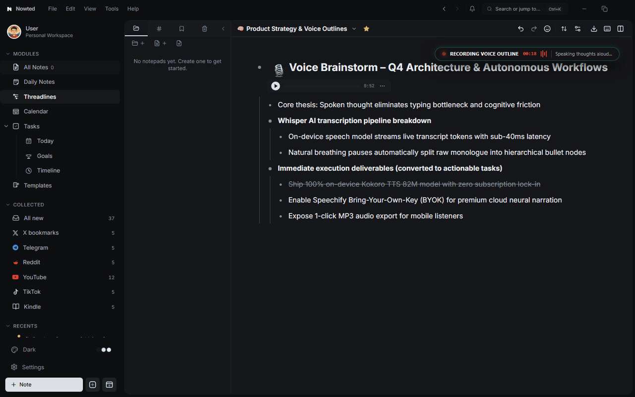 Live Voice Dictation and Auto-Indented Bullet Tree in Threadlines