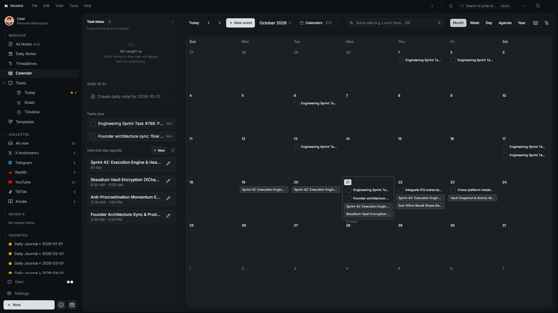 Nowted Month Perspective and Multi-Horizon Calendar Grid