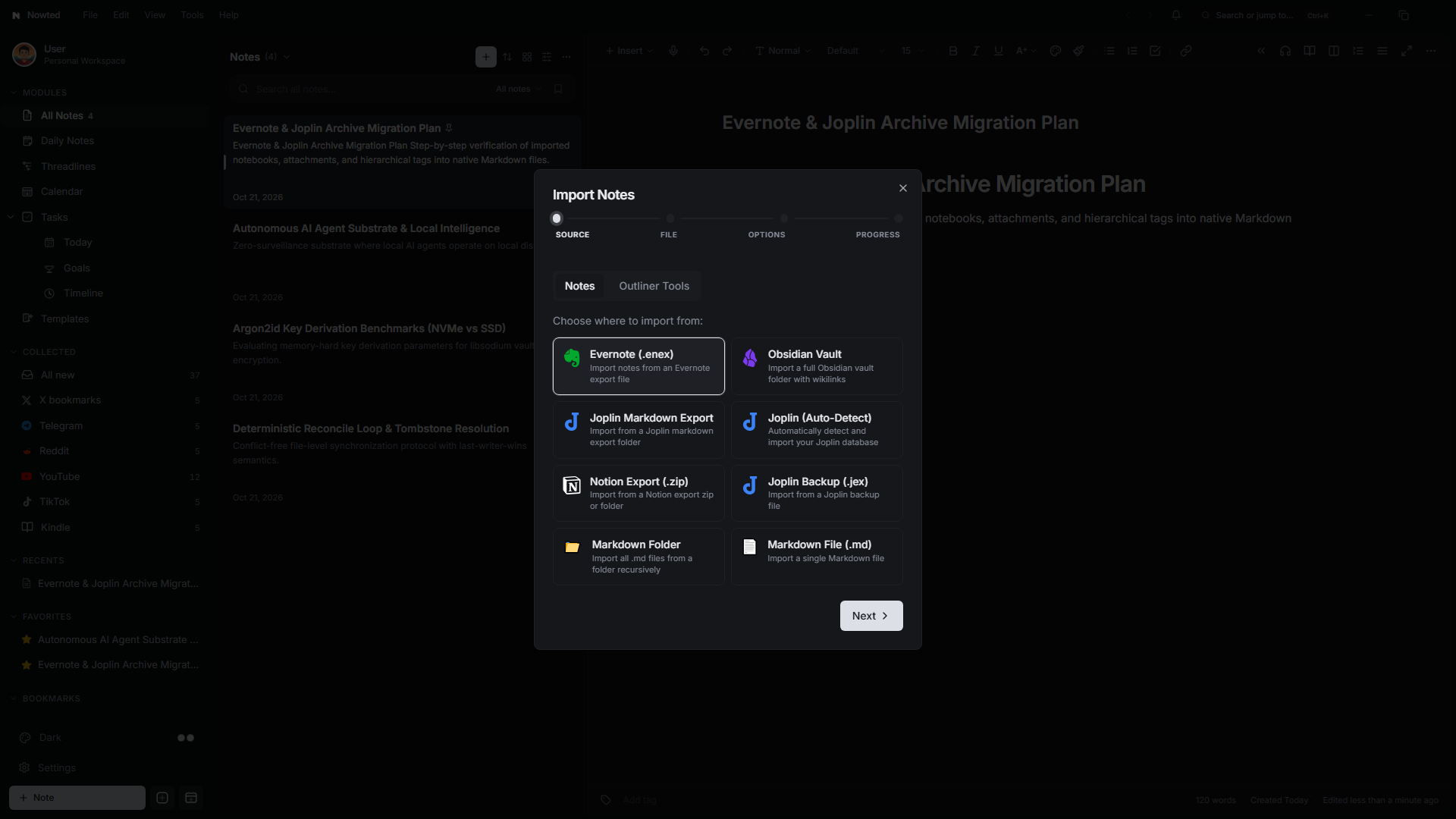 Nowted In-App Import Modal