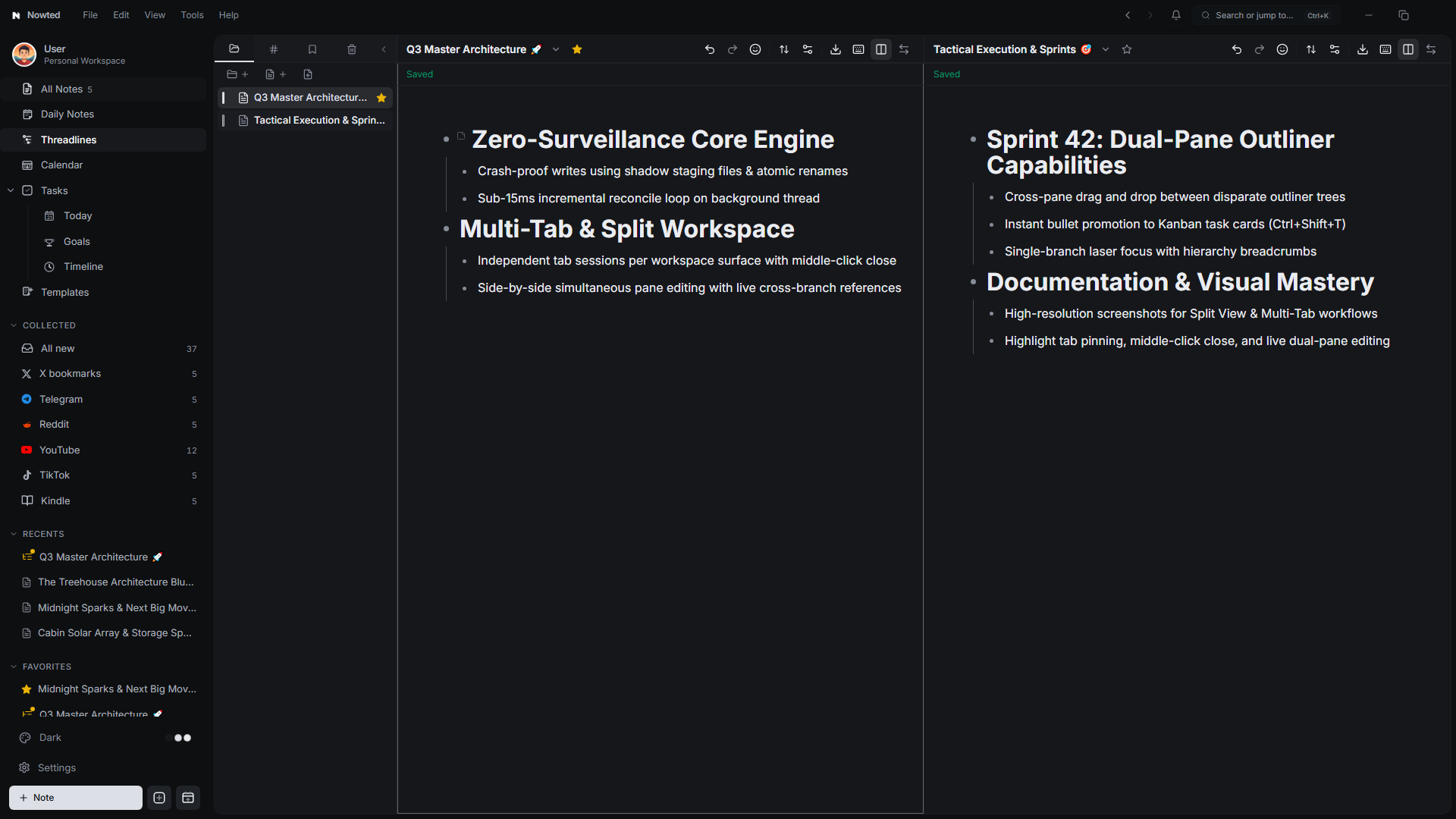 Threadlines Dual-Pane Outliner Split View