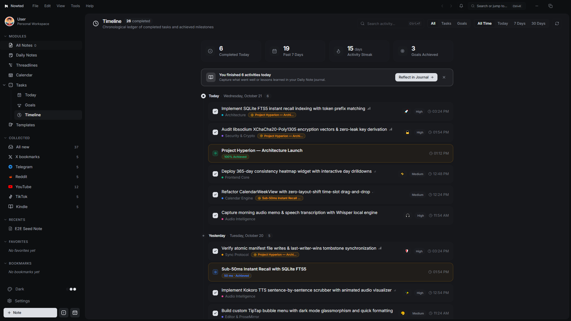 Nowted Timeline Ledger with Chronological Spine, Productivity Overview, and Mood Energy Tracking