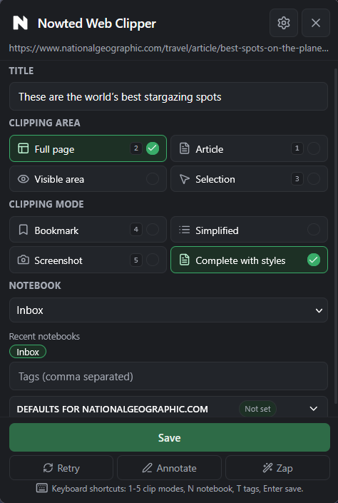 Nowted Web Clipper Popup